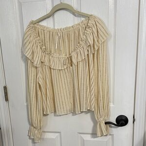 Anthropologie Beige Striped Ruffle Blouse
